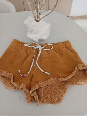 Casual Ruffle Terry Cloth Shorts - Mustard